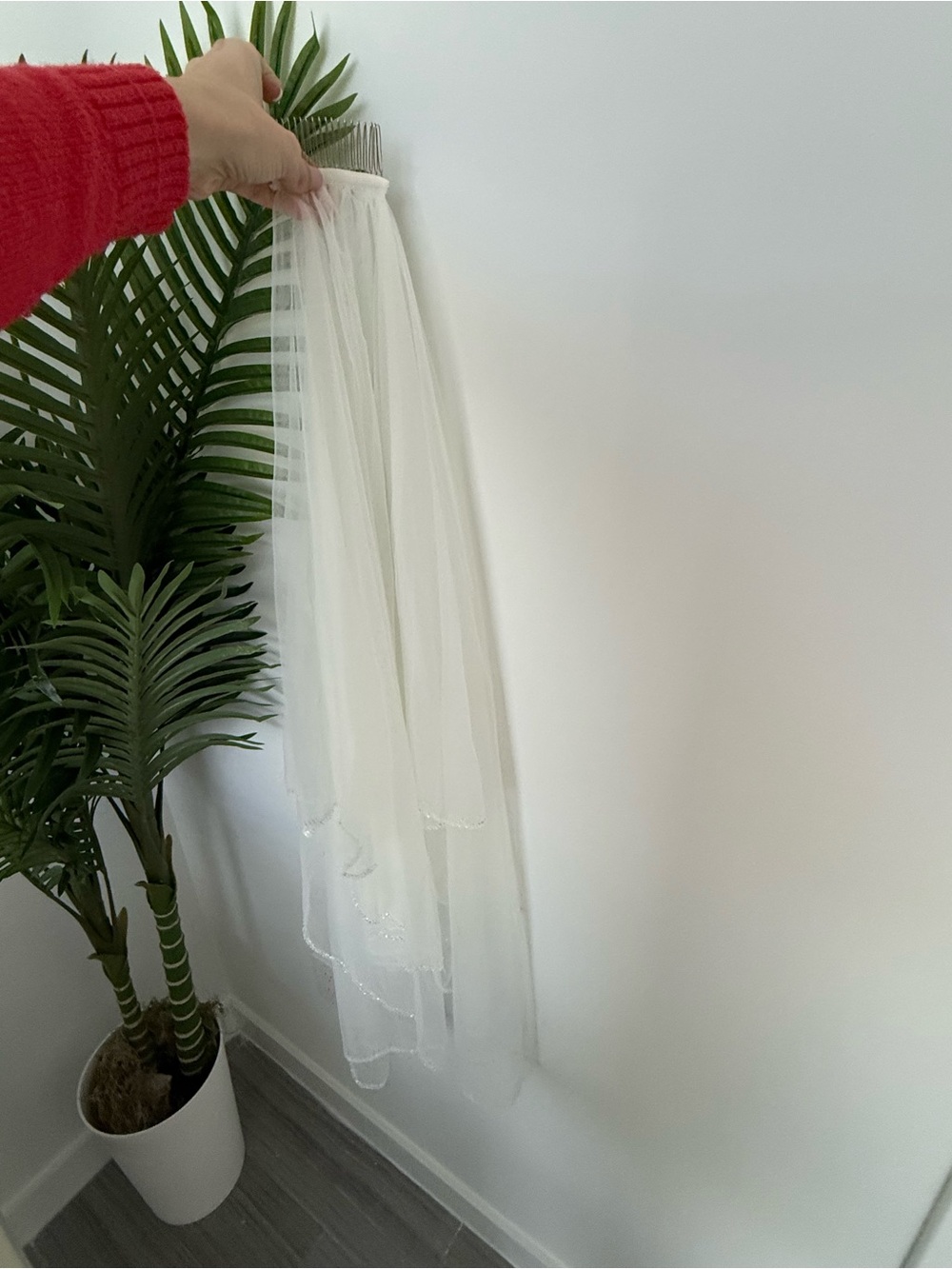Sheer off White Layered Tulle bridal veil with blusher and Beaded Hem. NEW